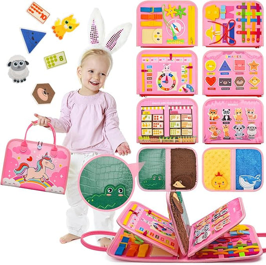 Toddler Busy Board Montessori Toys, Sensory Board Busy Book, Busy Board for Toddlers 2-4, Preschool Learning Activities with Life, Unicorns Pink, 8 Pages and 2 Pages Sensory Mats