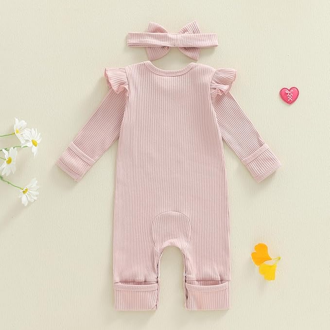 WZTYYDS Newborn Baby Girl Clothes Ribbed Romper Print Long Sleeve Jumpsuits Bow Headband Set Infant One-piece Outfits