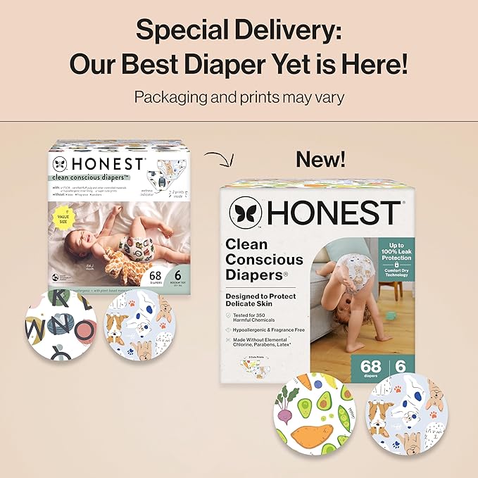 The Honest Company Clean Conscious Diapers for Delicate Skin | Up to 100% Leakproof | Hypoallergenic, Fragrance Free | Gender Neutral | Super Club Box, Size 6 (35+ lbs), 68 Count (Prints May Vary)