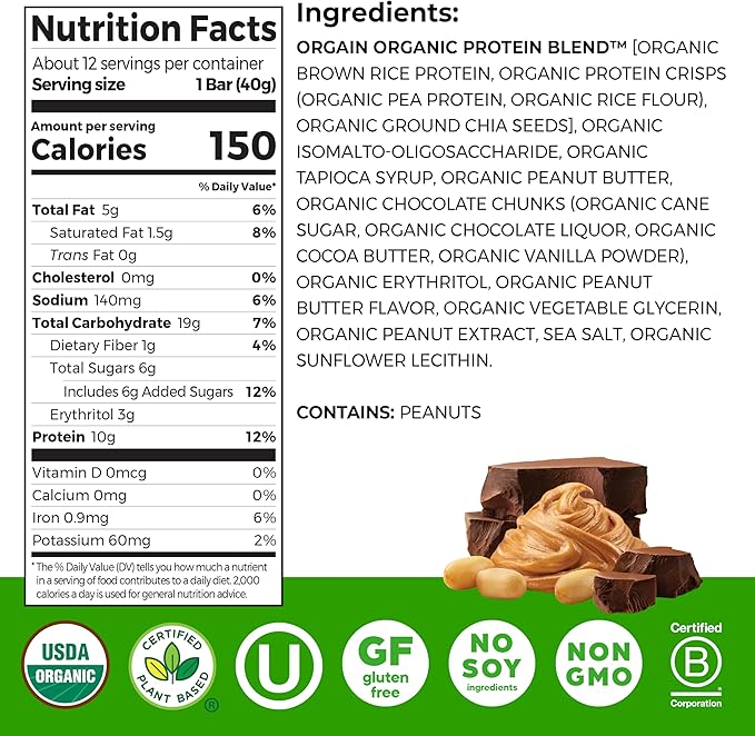 Orgain Organic Vegan Protein Bars, Peanut Butter Chocolate Chunk - 10g Plant Based Protein, Low Calorie Healthy Snacks, No Lactose or Soy Ingredients, Gluten Free, Non-GMO - 1.41 Oz (Pack of 12)