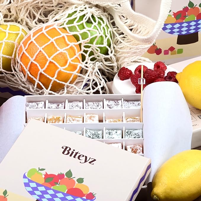 Biteyz Original Turkish Delight, Vegan Candy Gift Box - Assorted Gourmet Fruit Snacks with Lemon, Apple, Orange, Pomegranate, and Raspberry Flavors, 36 Pieces of Luxury Handmade Vegan Treats