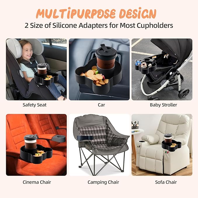 LEORAY Car Seat Snack Tray Silicone with Deeper Cup Holder, Food Tray for Kids Toddler Travel with 2 Different Size Adapters, Fits Most Car Seat and Other Seats with Cup Holders (Black)
