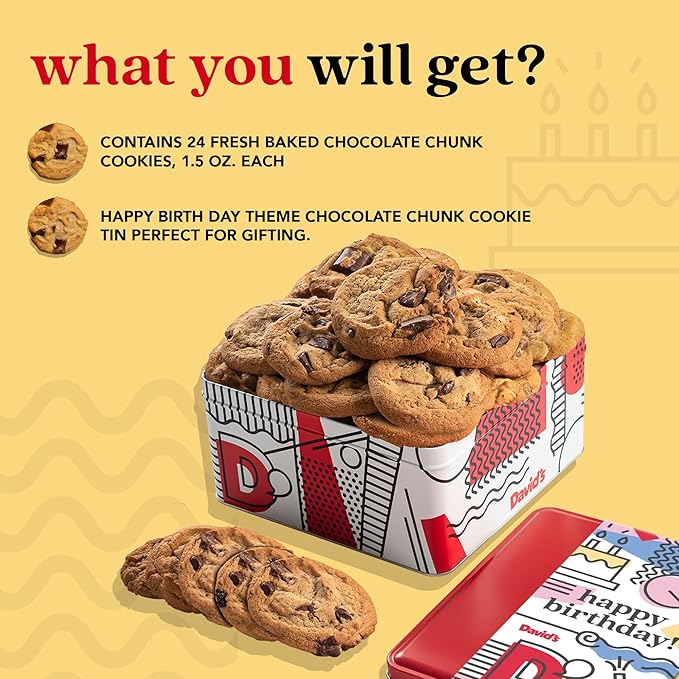 David's Cookies Happy Birthday Chocolate Chunk Cookies Tin 2lbs - Handmade and Fresh Baked Gourmet Cookie Gift Basket - Delectable & Made with Premium Ingredients - Ideal Birthday Food Gift For All