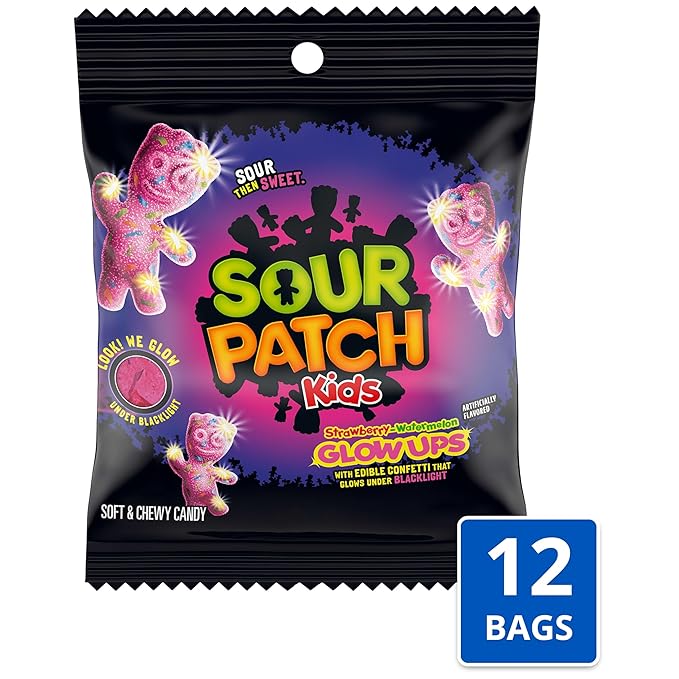 SOUR PATCH KIDS Glow Ups Strawberry-Watermelon Soft & Chewy Candy, Bulk Candy, 12-3.08 oz Bags