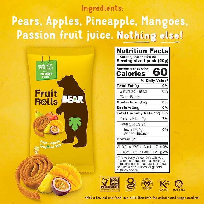 BEAR Real Fruit Snack Rolls - Gluten Free, Vegan, and Non-GMO - Tropical – Healthy School And Lunch Snacks For Kids And Adults, 0.7 Ounce (Pack of 18)