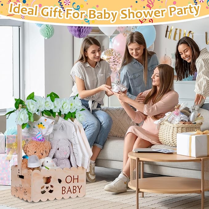 Wooden Baby Shower Crate Closet with Handle,Storage Basket,Baby Clothes Hangers, Newborn Boy Girl Welcome Gift Basket,Easy Assembly Baby Baskets for Baby Shower