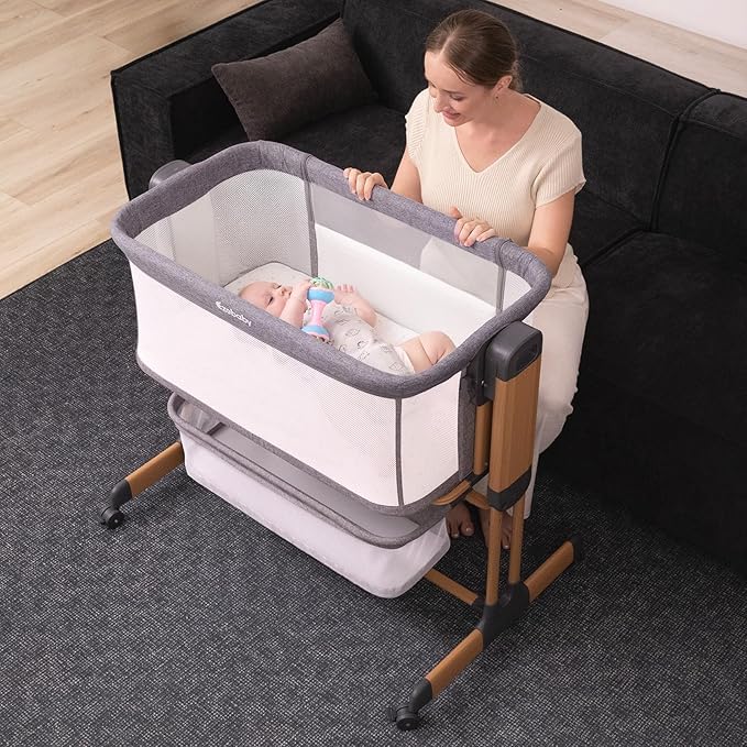 Ezebaby 3-in-1 Rocking Bassinet for Baby Adjustable Baby Bassinets Bedside Sleeper with Wheels Storage Basket and Mesh Sides for Newborn Infant