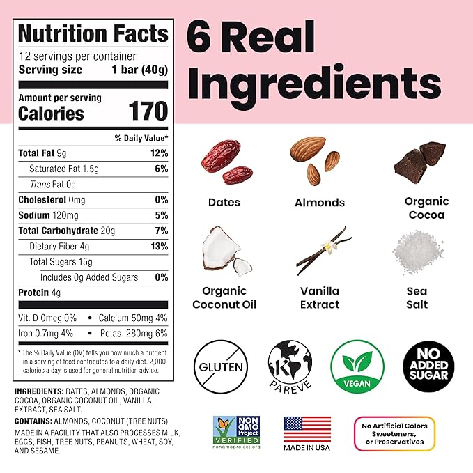 Bahamii Chocolate Almond Nut & Date Bars, 12 Pack, Gluten Free & 0g Added Sugar Low Calorie Snacks, Delicious Snack Bar with Almonds, Dates, Organic Cocoa, Vanilla, Sea Salt, Diabetic Snacks