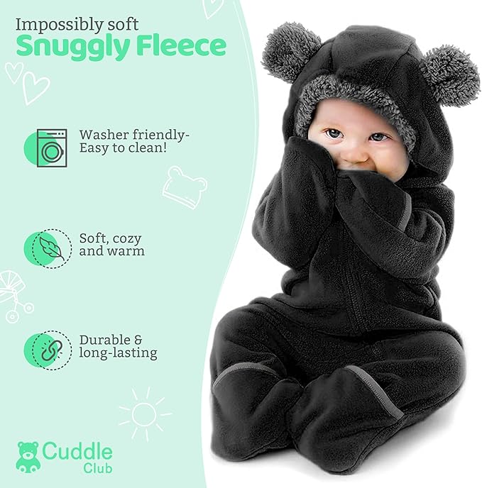 Cuddle Club Fleece Baby Bunting Bodysuit with Hood, Convertible Mittens & Booties, Car Seat Friendly, Soft & Warm, Easy Zip