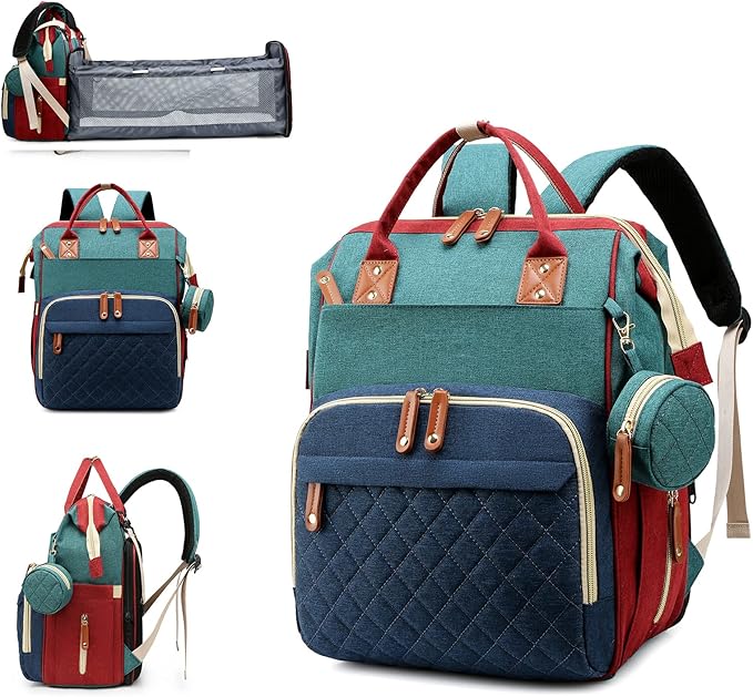 Diaper Bag with Changing Station, Waterproof 3 in 1 Diaper Backpack with Foldable Changing Pad, Baby Registry Search &Baby Shower Gifts - Newborn Essentials, Red-Green-Blue