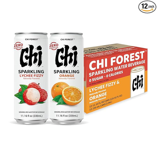 CHI FOREST Sparkling Water Beverage, Lychee & Orange drinks, Zero Sugar or Artificial Flavor, 11.16 fl oz Cans (Pack of 12)
