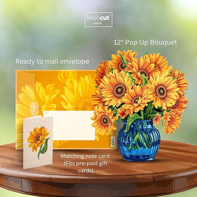 Freshcut Paper Pop Up Cards, Sunflowers, 12 Inch Life Sized Forever Flower Bouquet 3D Popup Greeting Card, Birthday Cards, Get Well Gifts, Blank Notecard & Envelope