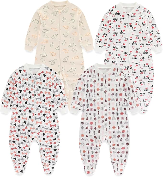 Baby Boys Girls Footies One-Piece Romper Long-Sleeve Jumsuit Cotton Newborn Clothes Set 4-Pack, Baby Pajamas