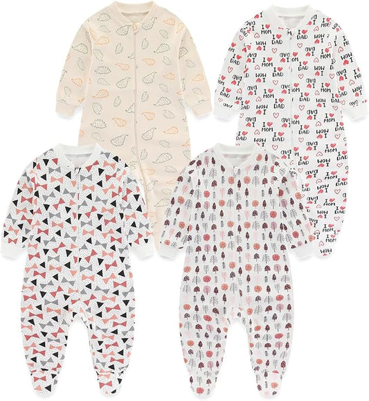 Baby Boys Girls Footies One-Piece Romper Long-Sleeve Jumsuit Cotton Newborn Clothes Set 4-Pack, Baby Pajamas