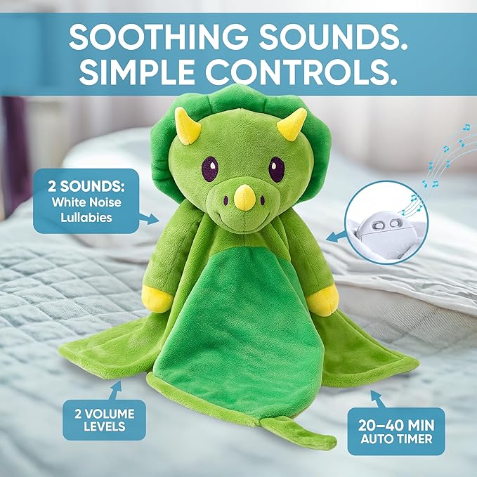 Love By Emi Baby Music Lovey Green Dino, Baby Sleep Soother for Crib & Cuddle Bedtime, White Noise with a Heartbeat & Lullaby, Plush Sound Machine Toy, Stuffed Animal for Newborns, Infants & Toddlers