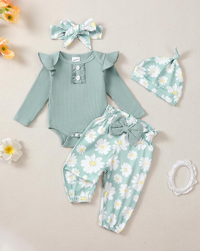 Renotemy Newborn Baby Girl Clothes Outfits Infant Romper Ruffle Floral Pants Cute Toddler Baby Girl Clothes Set