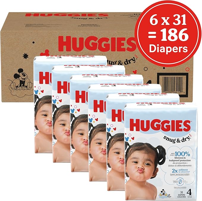 Huggies Size 4 Diapers, Snug & Dry Baby Diapers, Size 4 (22-37 lbs), 186 Count (6 Packs of 31), Packaging May Vary