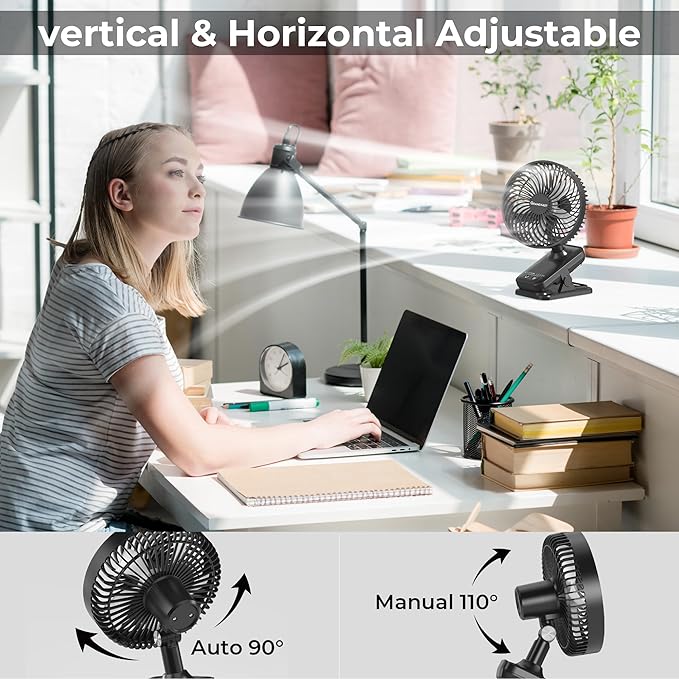 10000mAh Clip On Fan, 42H Run, Quiet & Auto Oscillating Table Fan, Rechargeable with 4 Powerful Speeds, Battery Operated Desk Fan with Sturdy Clamp for Camping Outdoor Travel RV Home Bedroom Office