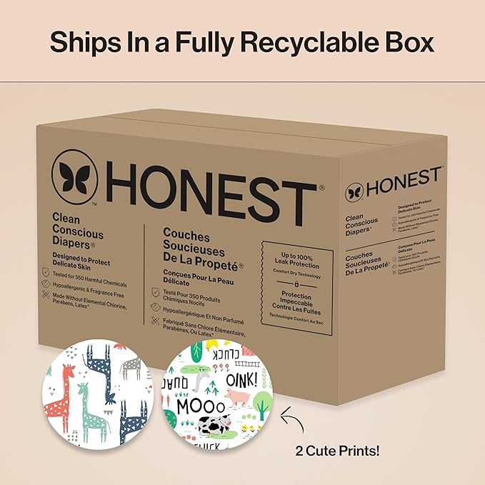 The Honest Company Clean Conscious Diapers for Delicate Skin | Up to 100% Leakproof | Hypoallergenic, Fragrance Free | Gender Neutral | Super Club Box, Size 2 (12-18 lbs), 124 Count (Prints May Vary)