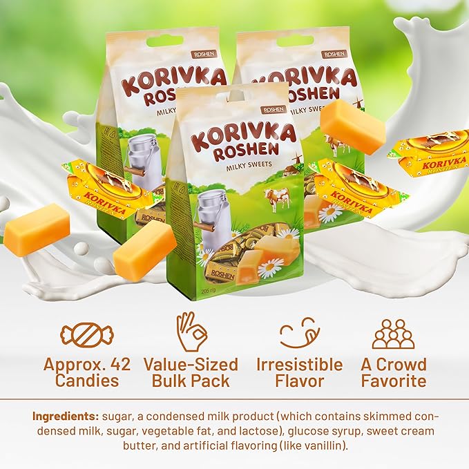Roshen Korivka Cow Candy, Milky Sweets Fudge Candy, Kosher, Halal 7.23oz/205 gram Pack of 3