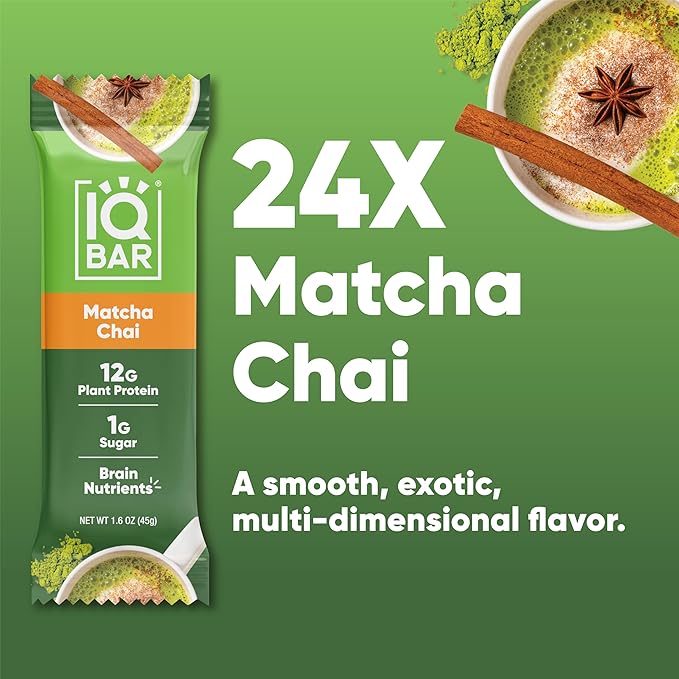 IQBAR Brain and Body Plant Protein Bars - Matcha Chai - 24-Count Low Carb - Gluten Free, High Fiber, Vegan Snacks - Low Sugar Meal Replacement