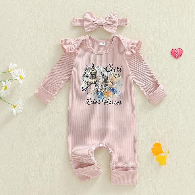 WZTYYDS Newborn Baby Girl Clothes Ribbed Romper Print Long Sleeve Jumpsuits Bow Headband Set Infant One-piece Outfits