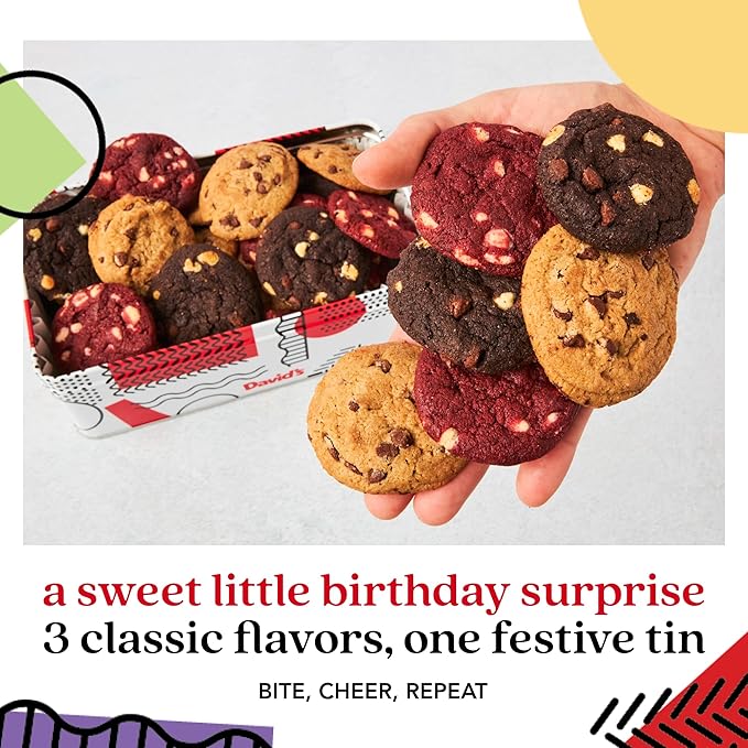 David’s Cookies Happy Birthday Mini Cookies Gift Tin – 14oz Fresh Baked Assorted Cookie Bites in Chocolate Chip, White Chocolate Chip & Red Velvet – Dessert Gift for Birthday Party & Special Occasions