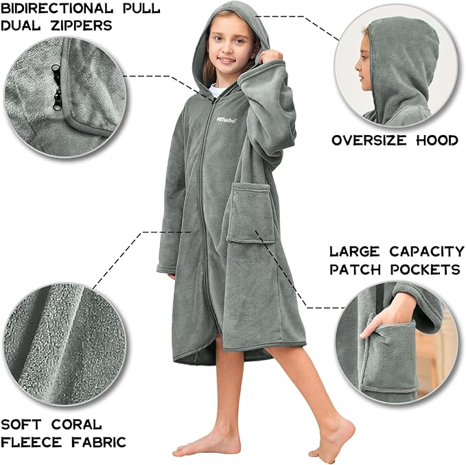 Hiturbo Kids Bath Towel Hoodie: Soft Plush Zipper Surf Poncho - Warm Fleece Changing Towels Swimming Outerwear (Gray)
