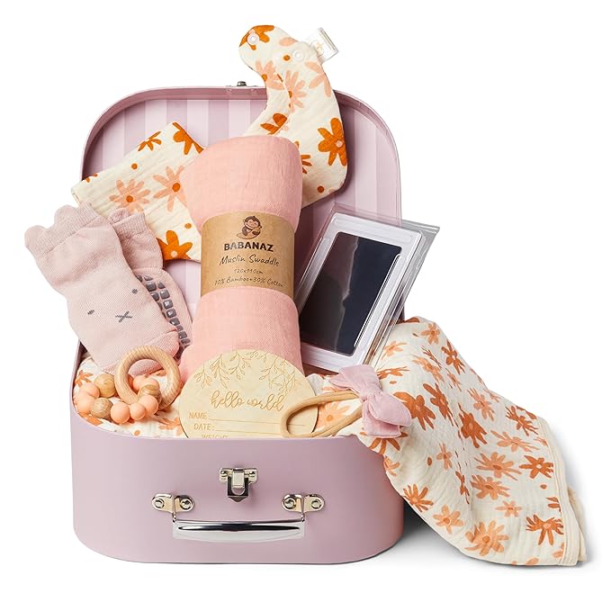 Baby Gift Set Girl - Unique Baby Shower Gifts & Newborn Essentials: Teether Toy, Blanket, Muslin Swaddle, Birth Record, Print Kit, Nemo Socks, Hair Bow, Pink