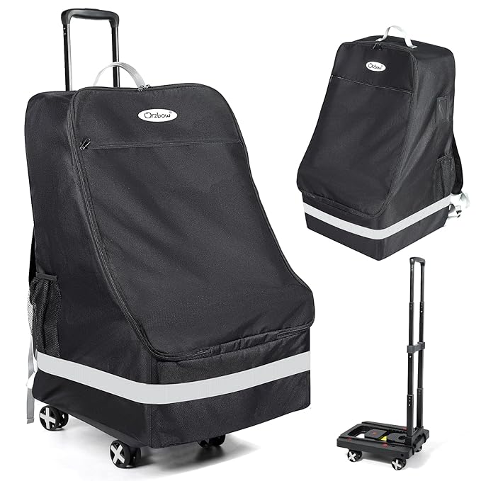Orzbow Car Seat Carrier for Airport, Folding Car Seat Travel Bag & Cart with 4 Wheels and High Load-Bearing, Padded Gate Check Bag Fits Most Infant Car Seats & Carriers, Easy to Use, Black