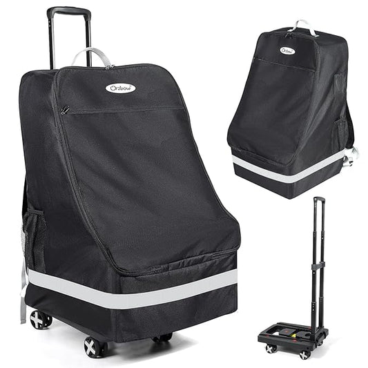 Orzbow Car Seat Carrier for Airport, Folding Car Seat Travel Bag & Cart with 4 Wheels and High Load-Bearing, Padded Gate Check Bag Fits Most Infant Car Seats & Carriers, Easy to Use, Black
