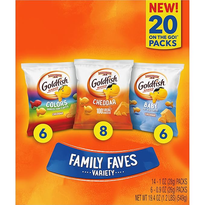 Goldfish Family Faves Crackers, Cheddar, Colors and Baby Crackers Snack Packs, 20-Ct Variety Pack (Pack of 2)