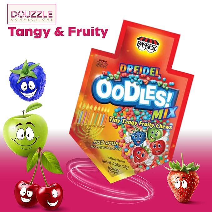 DOUzzle Hanukkah Candy Dreidels for Kids, Dreidel Shaped Oodles, MIX Falvors Tiny Tangy Fruity Chews (Pack of 1) Hanukah Party Favors, Happy Chanuka Sweet Treat & Gifts - Kosher Parve