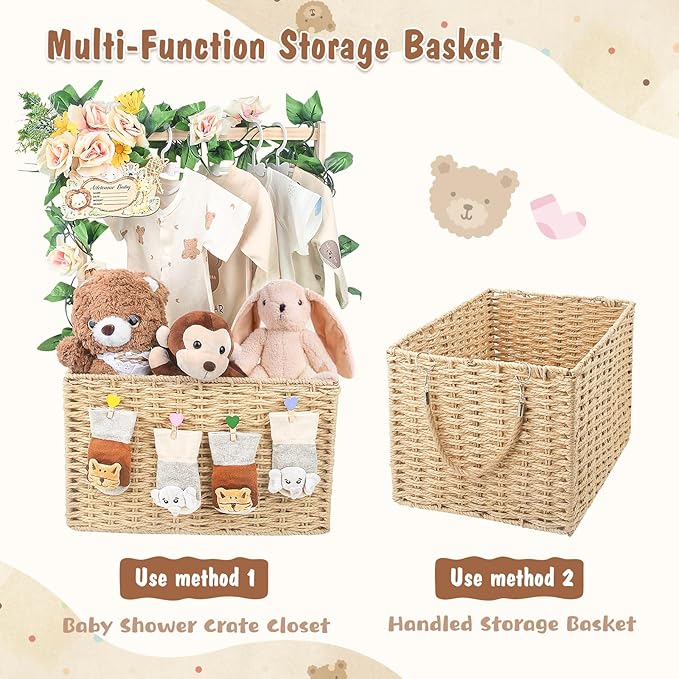 Wooden Baby Shower Crate Closet, Foldable Handwoven Storage Basket for Baby Shower Gifts, Welcome Gift Basket for Newborn Boys Girls, Pregnancy Gifts for New Parents