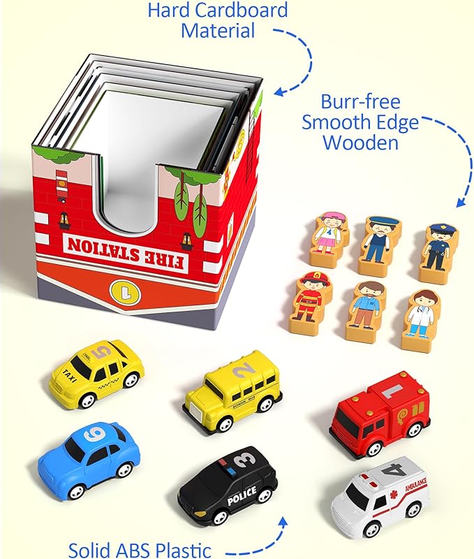 Coogam Montessori Sorting & Stacking Blocks with Nesting Garages Cars, Stackable Number Boxes for Toddlers Learning Community Helpers, Preschool Educational Toy Gift for 2 3 4 Year Old Baby