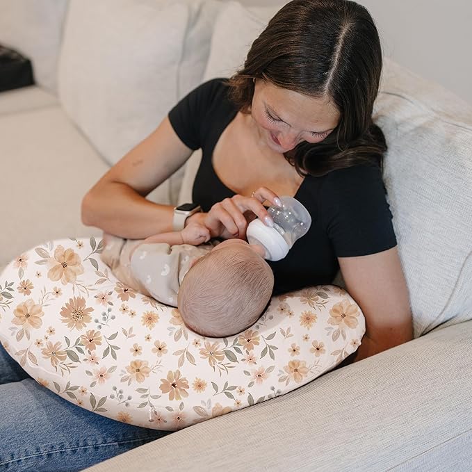 Konssy 2 Pack Nursing Pillow Covers, Soft and Comfortable Nursing Cover for Breastfeeding Pillows, Pillow Slipcover for Baby Girls Boys Newborn(Khaki, Flourish)