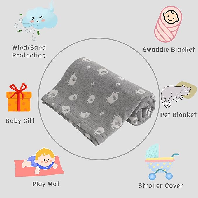 NTBAY 3 Layer Muslin Cotton Toddler Blanket, Jacquard Reversible Nursery Bed Blanket, Super Soft and Thermal for All Seasons, Decoration Gift, 30"x40", Dark Grey Elephant