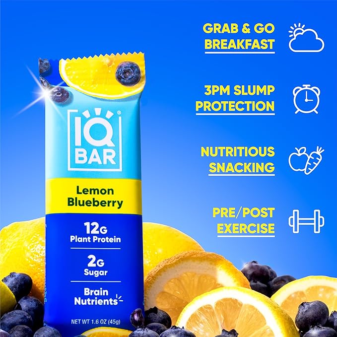 IQBAR Brain and Body Plant Protein Bars - Lemon Blueberry - 36-Count Low Carb - Gluten Free, High Fiber, Vegan Snacks - Low Sugar Meal Replacement