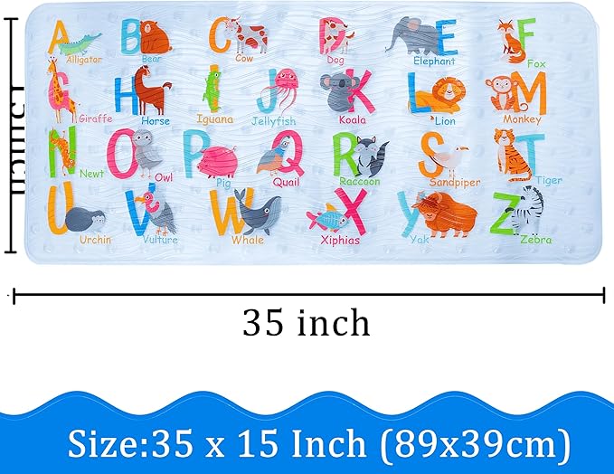 Bath Mats for Tub Kids,Baby Toddler - Large Cartoon Non-Slip Bathroom Bathtub Anti-Slip Shower Mats for Floor 35x15,Machine Washable XL Size Bathroom Mats (Alphabet)