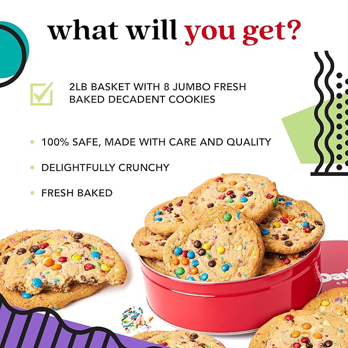 David's Cookies Fresh Baked Decadent Jumbo Birthday Gourmet Cookies – 2lb Gift Basket Tin with 8 Large Birthday Cookies – Bakery-Style Soft and Chewy Dessert for Birthdays, Holidays, Thank You Gifts