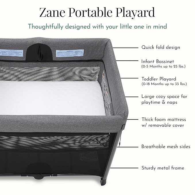 Evolur Zane Portable Playard – Foldable, Removable Mattress, Easy to Use Baby Bassinet for Travel & Home, Grey