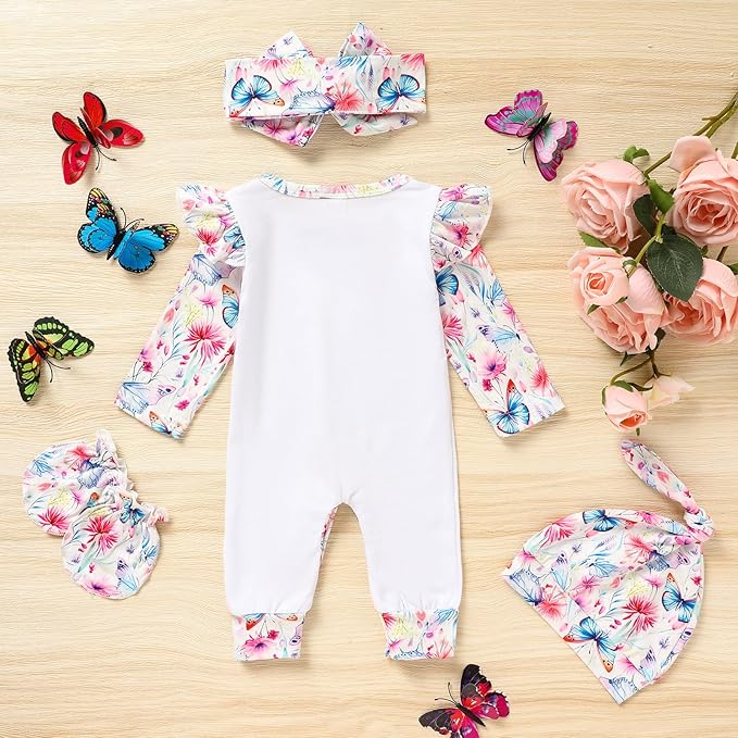 GRNSHTS Newborn Baby Girl Romper Infant Letter Print Jumpsuit Floral Bodysuit+Hat+Headband+Gloves Coming Home Clothes Outfits