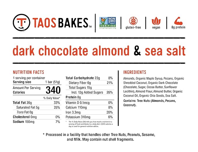 Taos Bakes - Snack Bars - Dark Chocolate Almond + Sea Salt - Protein Bars - 8g of Protein, High Fiber, Vegan, Gluten Free, & Non-GMO - Healthy Snacks for Adults & Kids - (12 Pack, 1.8oz Bars)