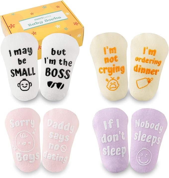 InnoBeta Baby Socks Set with Funny Quotes (4 Pairs) Newborn/Infant Socks for Baby Shower, Gender Reveal 3-12 Months