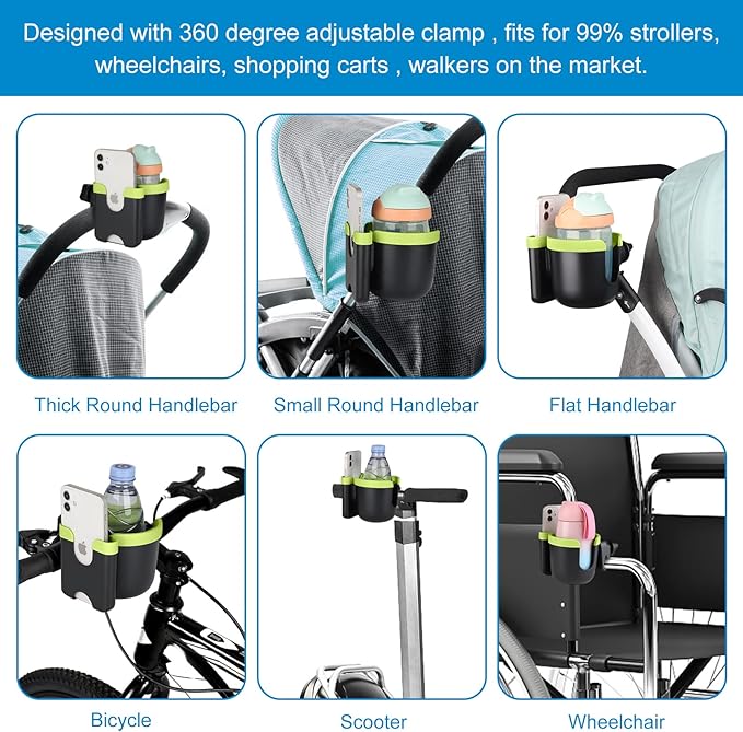 Accmor Stroller Cup Holder with Phone Holder, Bike Cup Holder, Universal Cup Holder for Uppababy Nuna Doona Strollers, 2-in-1 Cup Phone Holder for Stroller, Bike, Wheelchair, Walker, Scooter