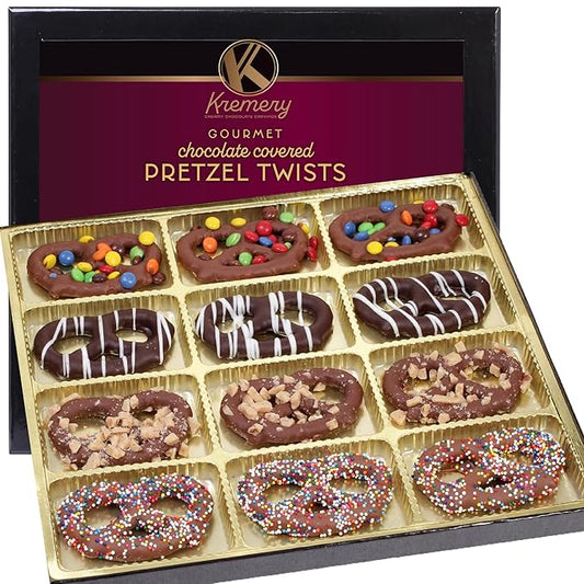 KREMERY Creamy Chocolate Cravings - Chocolate Covered Pretzel Twists Gift Basket, in Sectional Gift Box (12 Pretzels, Assorted Sweet Toppings) Food Assortments USA Made