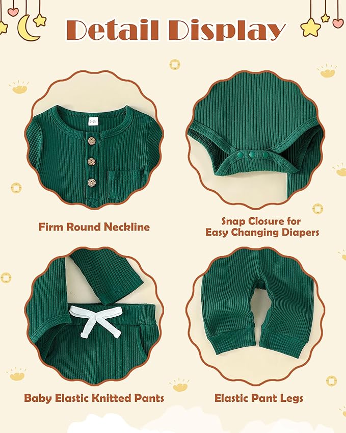 Newborn Baby Boy Girl Clothes Ribbed Knit Cotton Long Sleeve Romper Long Pant Preemie Solid Color Unisex Outfits