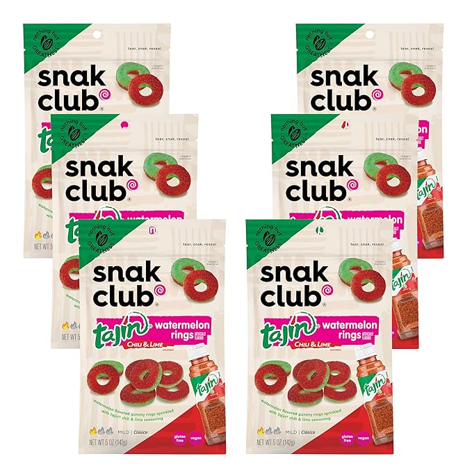 Snak Club Tajin Watermelon Rings Gummy Candy, Fruit Candy Gummies with Chili and Lime Seasoning, Mild, Gluten-Free and Vegan Snacks, 5 oz Resealable Bags, 6 Pack