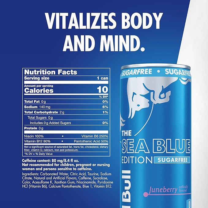 Red Bull Sea Blue Edition Sugar Free Energy Drink, Juneberry, 8.4 fl. oz., Case of 24 cans, with 80mg Caffeine, Taurine & B Vitamins