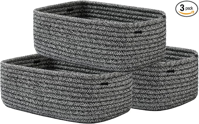 Small Woven Basket, 12 x 8 x 4.5 Inches, Storage Basket for Organizing, Cute Small Rope Shelf Closet Cube Storage Bins Baskets for Shelves, Dog Toy Gift Baskets Empty, 3 Pack Mixed Black
